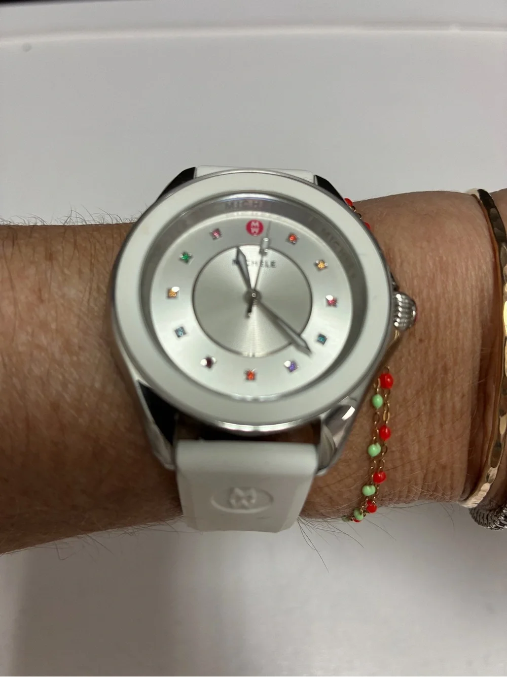 Michele White Silicone Strap Watch with Multicolor Topaz Markers
